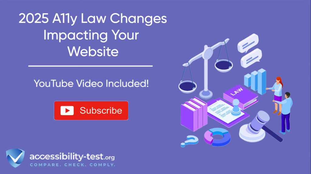Promotional graphic for an accessibility-test.org resource with purple background. The title '2025 A11y Law Changes Impacting Your Website' appears in large white text. The image includes a YouTube notice, red subscribe button, and the accessibility-test.org logo with tagline 'COMPARE. CHECK. COMPLY.' On the right side is an illustration showing a balance scale, law books, charts, and two figures examining legal documents, representing accessibility law compliance.