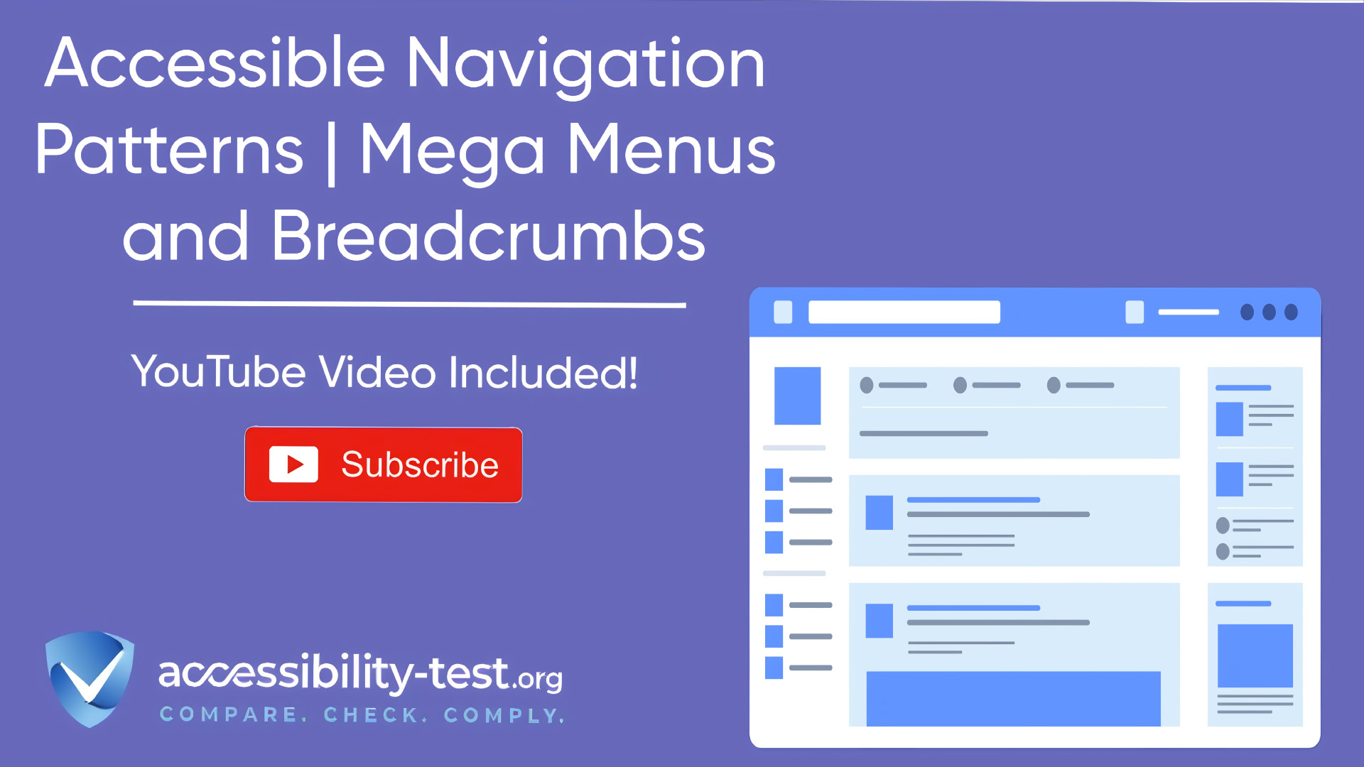 Promotional banner for 'Accessible Navigation Patterns | Mega Menus and Breadcrumbs' resource. Features a purple background with the title in white text, a 'YouTube Video Included!' note, and a red YouTube subscribe button. The accessibility-test.org logo appears in the bottom left with tagline 'COMPARE. CHECK. COMPLY.' The right side displays a simplified illustration of a website interface showing navigation menu structures with blue and light blue elements representing menu components.