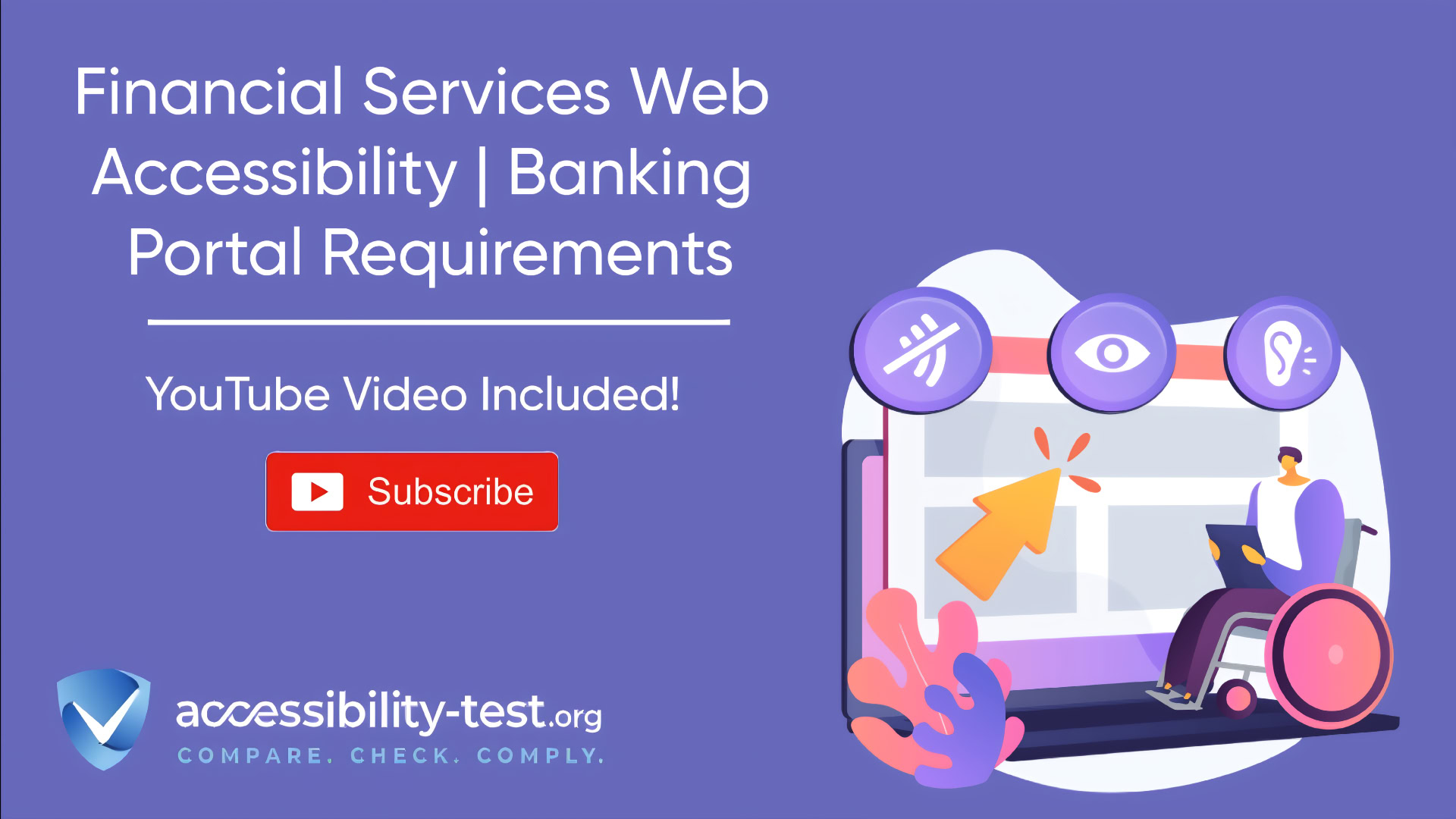 Promotional banner for 'Financial Services Web Accessibility | Banking Portal Requirements' with a purple background. The image features the title in white text, a 'YouTube Video Included!' notice, and a red Subscribe button. On the right side is an illustration showing a person in a wheelchair accessing a digital banking interface on a computer screen. Above the screen are three purple circular icons representing different accessibility needs (mobility, vision, and hearing). The bottom of the image displays the accessibility-test.org logo and tagline 'COMPARE. CHECK. COMPLY.' The overall design communicates web accessibility solutions for banking portals.