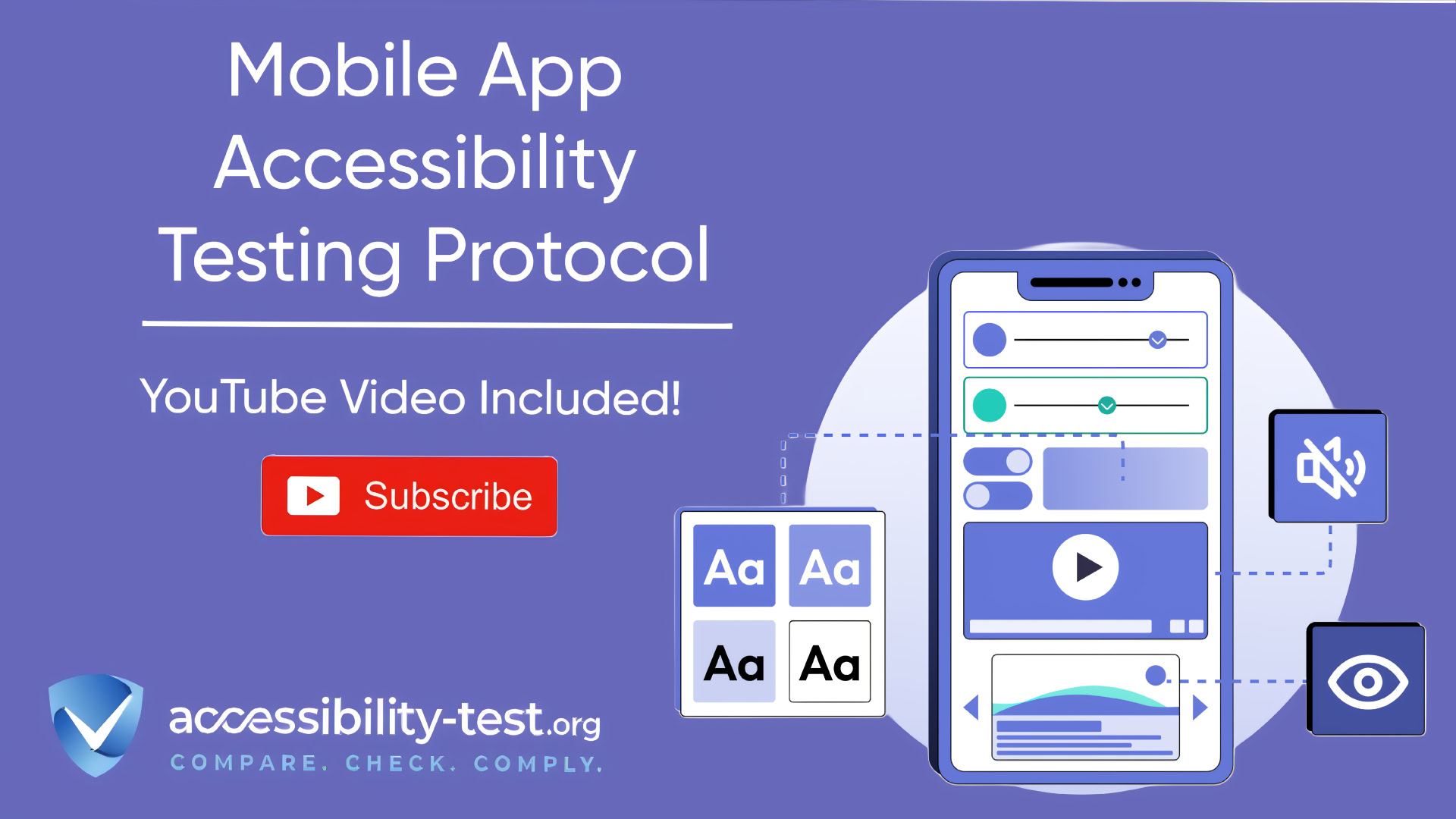 Promotional graphic for Mobile App Accessibility Testing Protocol by accessibility-test.org. The image features a purple background with large white text displaying the title. Below the title is text stating 'YouTube Video Included!' with a red YouTube subscribe button. The right side shows an illustration of a smartphone displaying various accessibility testing elements including toggle switches, text size options (represented by 'Aa' in different sizes), a media player, and connected accessibility features. Icons for sound settings and visual accessibility are connected to the phone with dotted lines. The accessibility-test.org logo appears at the bottom with the tagline 'COMPARE. CHECK. COMPLY.'
