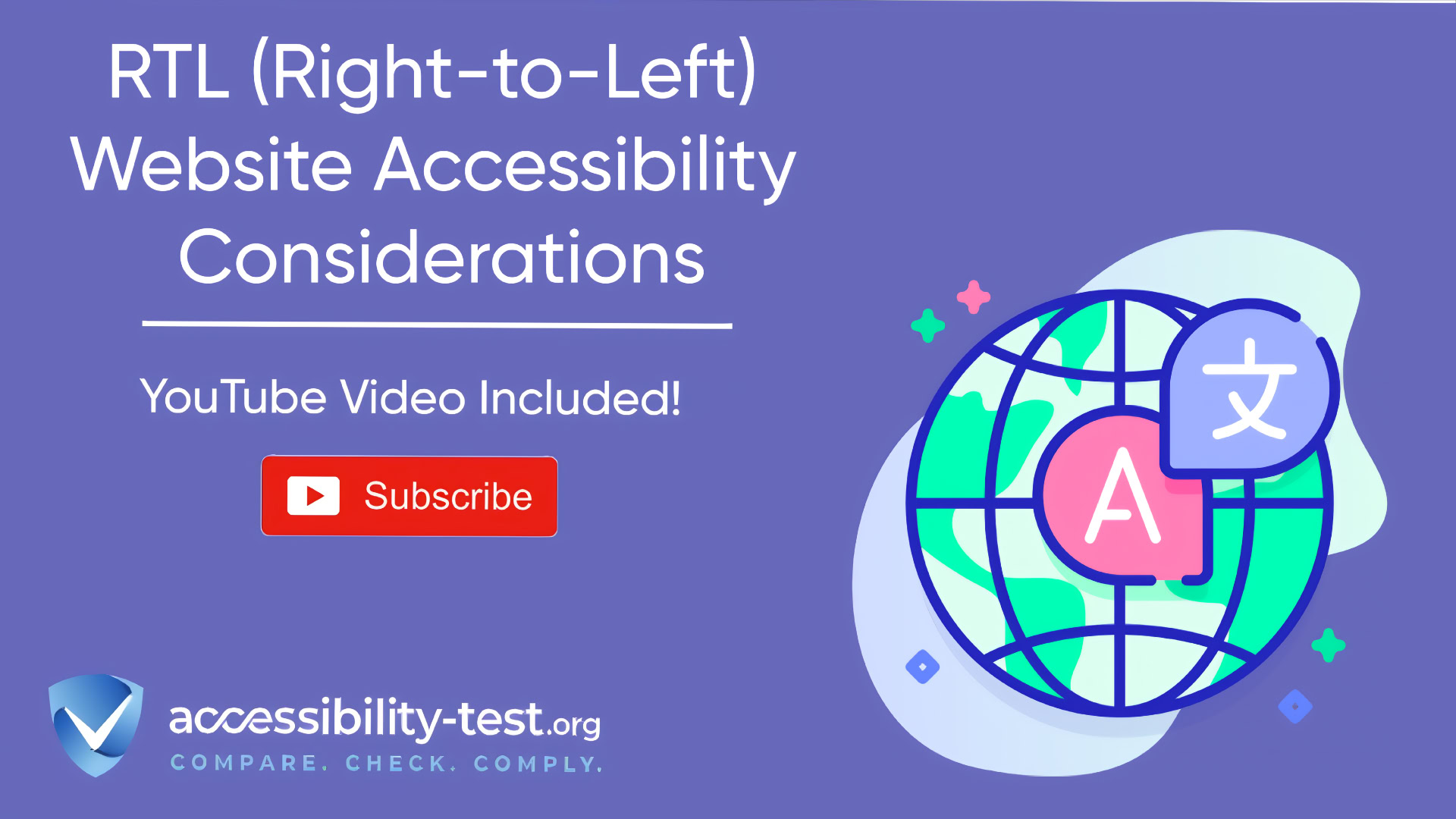 Header image for an article about RTL accessibility. The image has a purple background with white text reading 'RTL (Right-to-Left) Website Accessibility Considerations' and 'YouTube Video Included!' beneath it. A red YouTube subscribe button appears below the text. On the right side is a colorful illustration of a globe with language symbols including what appears to be RTL text characters. The accessibility-test.org logo and tagline 'COMPARE. CHECK. COMPLY.' appear at the bottom left of the image.
