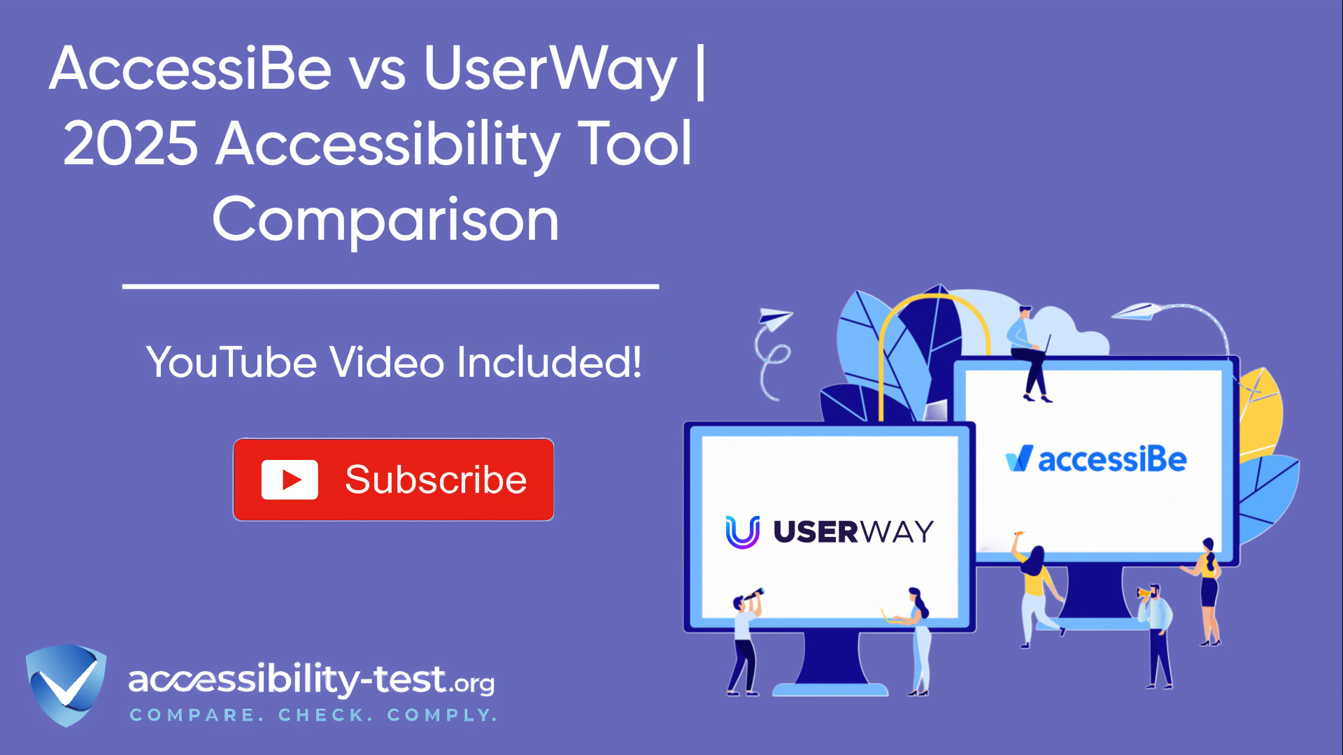 AccessiBe and UserWay logos displayed on computer monitors with illustrated figures working around them, comparing these two popular website accessibility compliance tools on a purple background.