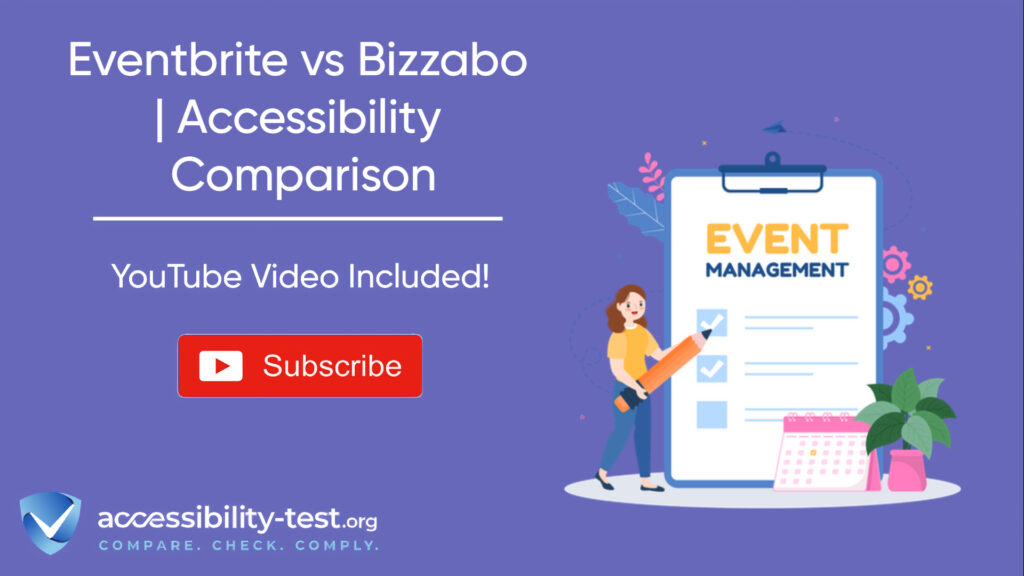 Promotional banner for "Eventbrite vs Bizzabo | Accessibility Comparison" with illustration of person checking items on event management clipboard. Purple background features YouTube subscribe button and Accessibility-Test.org logo.