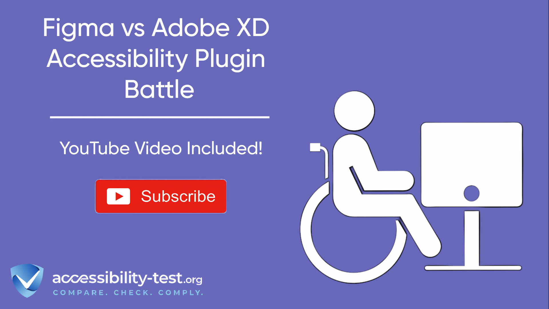 Promotional banner for "Figma vs Adobe XD Accessibility Plugin Battle" with purple background. Features white text title at top, "YouTube Video Included!" text in middle, and a red YouTube subscribe button. Right side shows a white icon of a person in wheelchair using a computer. Bottom left displays accessibility-test.org logo with tagline "COMPARE. CHECK. COMPLY."