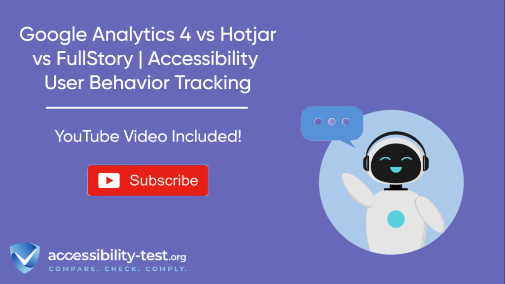 Purple promotional graphic comparing Google Analytics 4, Hotjar, and FullStory for accessibility user behavior tracking. Features YouTube subscribe button and robot character with headphones. Accessibility-test.org branding with tagline 'Compare. Check. Comply.'
