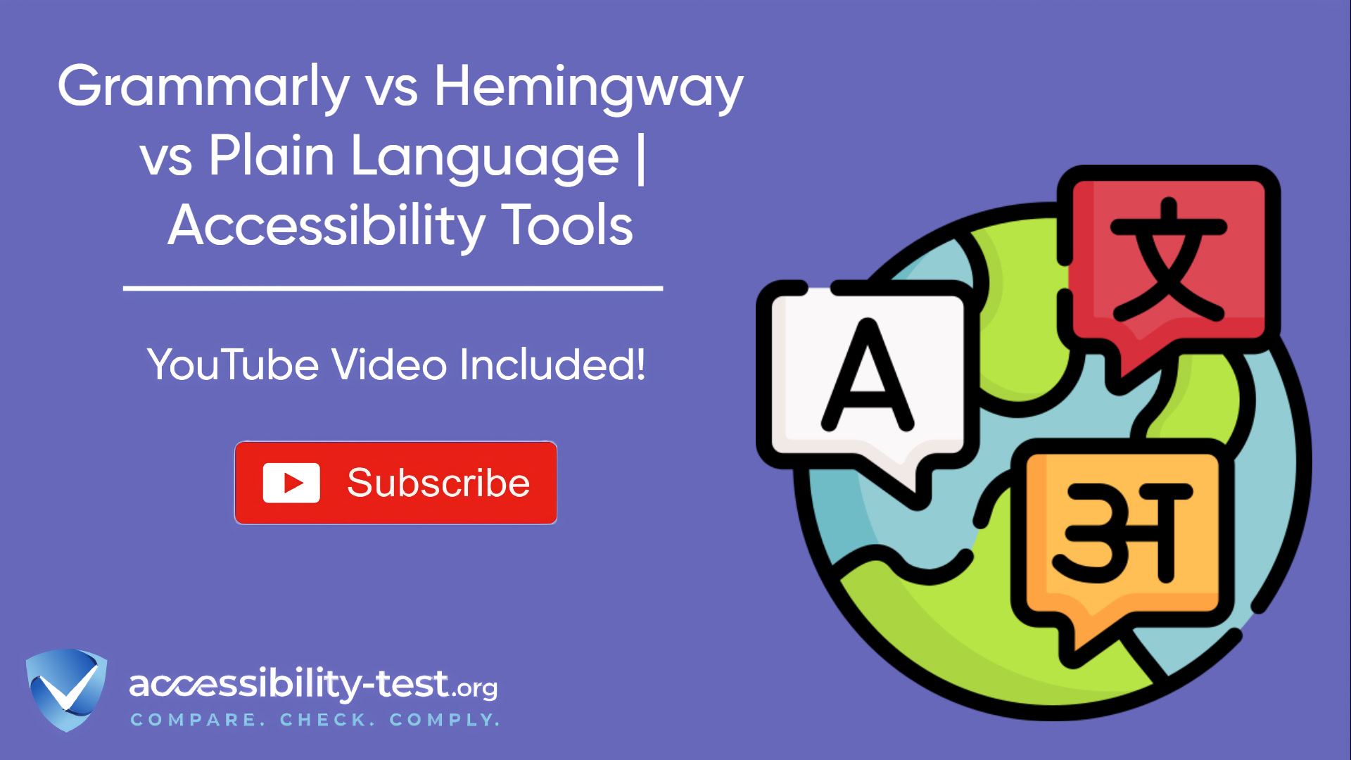 Promotional graphic for Grammarly vs Hemingway vs Plain Language accessibility tools comparison with YouTube video included, featuring colorful speech bubbles with translation symbols around a globe and Accessibility-Test.org branding.