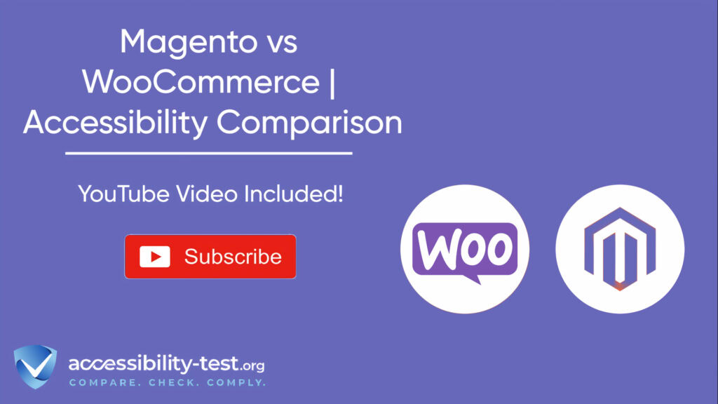 Purple promotional banner for a Magento vs WooCommerce accessibility comparison. The image shows the title at the top, with text indicating 'YouTube Video Included!' beneath it. It features a red YouTube subscribe button, along with the WooCommerce and Magento logos displayed side-by-side in white circular backgrounds. The accessibility-test.org logo appears at the bottom with the tagline 'COMPARE. CHECK. COMPLY.