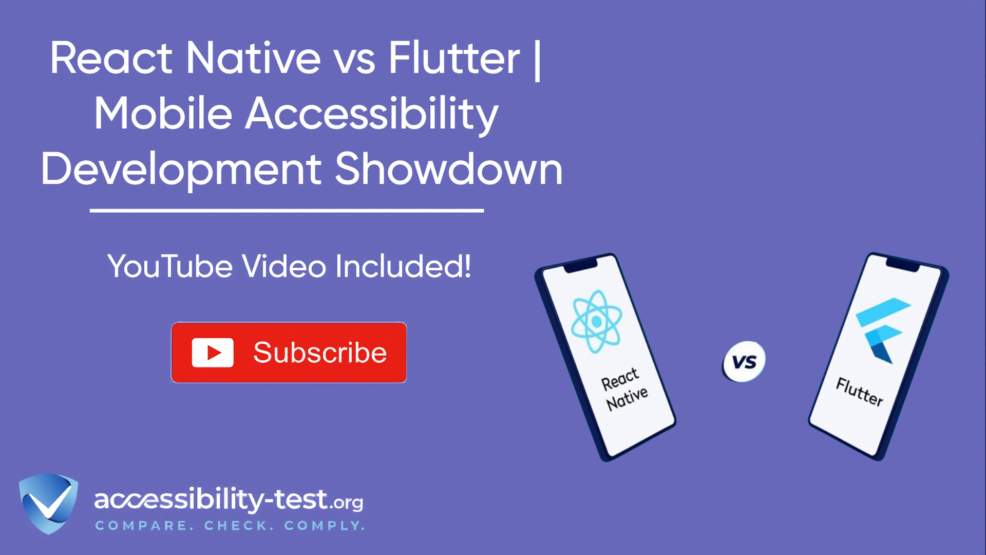 Purple promotional image showing two smartphones with React Native and Flutter logos facing each other with 'vs' between them. The title reads 'React Native vs Flutter | Mobile Accessibility Development Showdown' with 'YouTube Video Included!' below. Features a red YouTube subscribe button and the accessibility-test.org logo at bottom with tagline 'Compare. Check. Comply.'