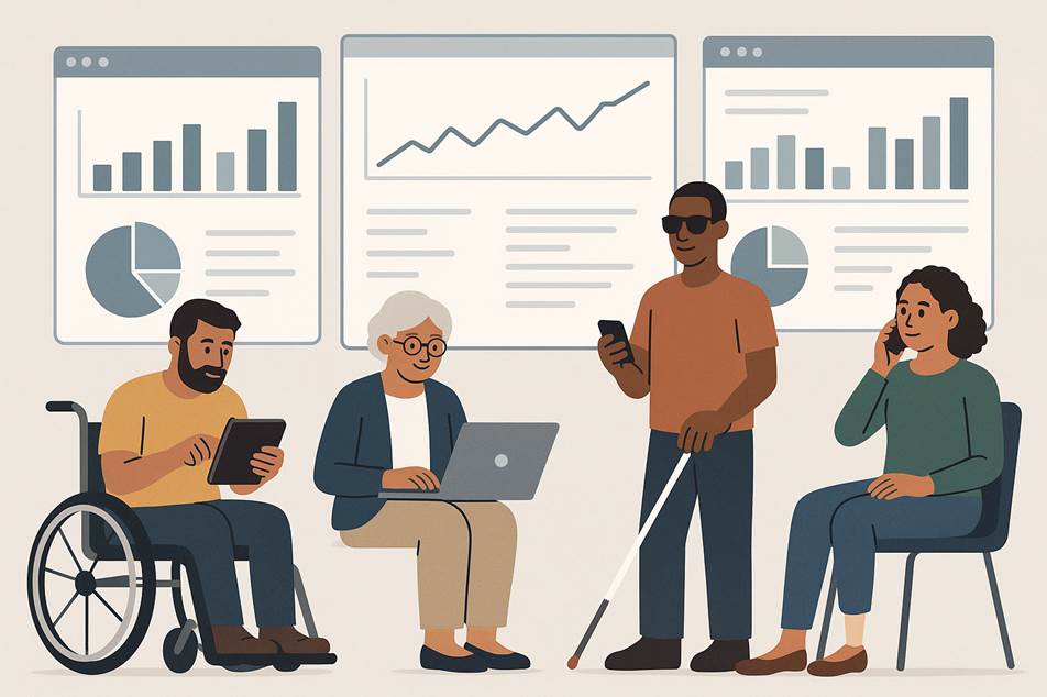 Diverse users with disabilities using technology while analytics track accessibility interactions