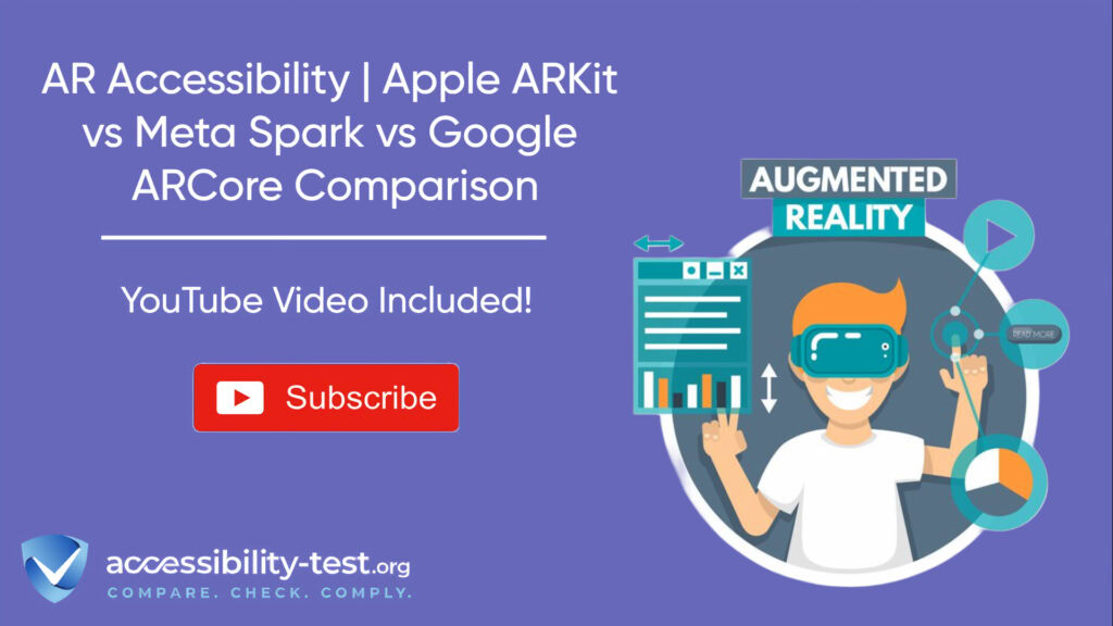 Purple promotional banner for accessibility-test.org featuring AR accessibility platform comparison. Shows a person wearing AR goggles interacting with floating digital interface elements including charts and data visualizations. Text reads 'AR Accessibility | Apple ARKit vs Meta Spark vs Google ARCore Comparison' with 'YouTube Video Included!' and red Subscribe button. Bottom left shows accessibility-test.org logo with tagline 'Compare. Check. Comply.