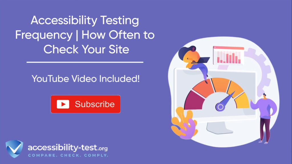 A graphic on a purple background for "Accessibility Testing Frequency". It shows a computer monitor with a performance gauge on screen, alongside two cartoon figures and a chart. Text reads: "Accessibility Testing Frequency | How Often to Check Your Site", "YouTube Video Included!", and includes a "Subscribe" button and the accessibility-test.org logo.