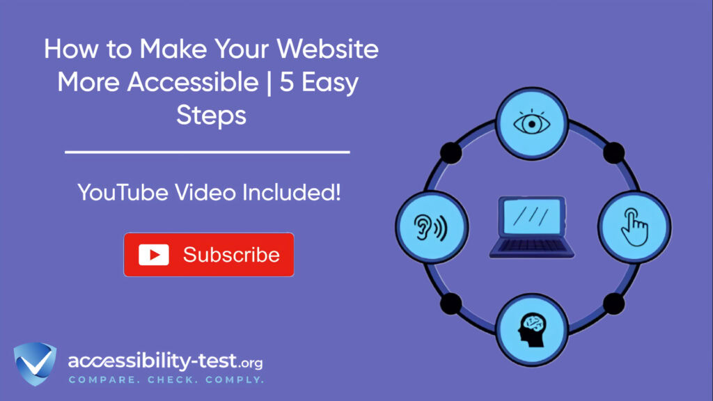 A purple banner displays the title ‘How to Make Your Website More Accessible | 5 Easy Steps’ in large white lettering, with a horizontal line underneath and the phrase ‘YouTube Video Included!’ above a red ‘Subscribe’ button. To the right, an illustration shows a laptop at the center of a circular ring connecting four blue icons symbolizing vision (an eye), hearing (an ear), motor (a pointing hand), and cognitive (a brain). In the bottom left corner is the accessibility-test.org logo and the tagline ‘Compare. Check. Comply.