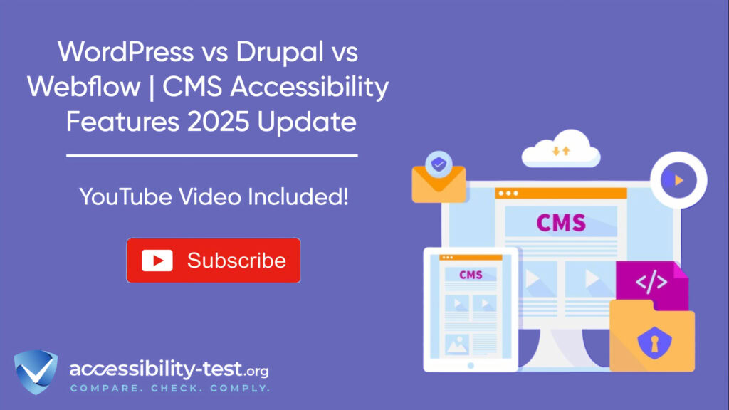 Header graphic for WordPress vs Drupal vs Webflow CMS accessibility features comparison article. Purple background with white title text, YouTube subscribe button, and illustrated CMS interface mockups with security and accessibility icons. Accessibility-Test.org logo with tagline 'Compare. Check. Comply.' in bottom corner.