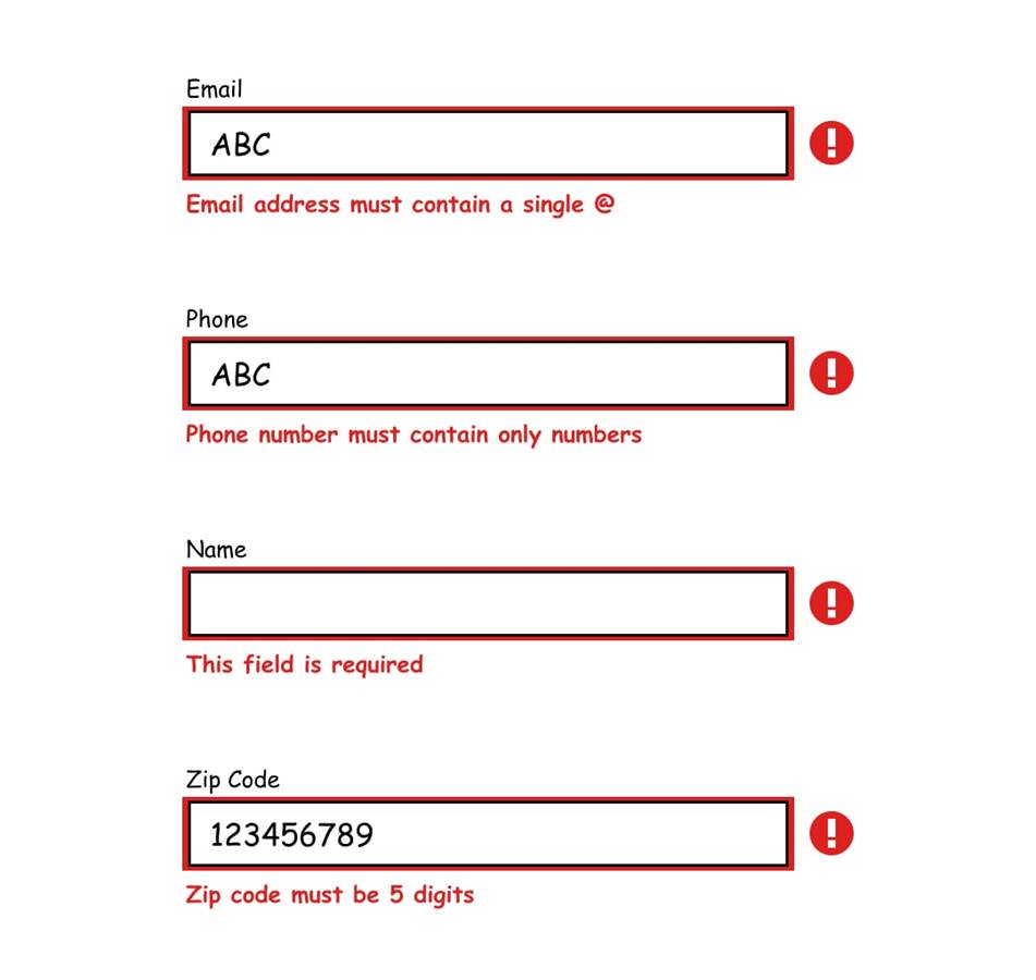 Examples of form fields with their corresponding error messages.