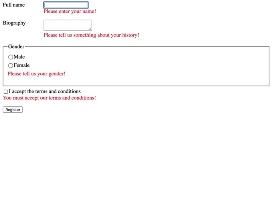 Example form demonstrating accessible error messages.