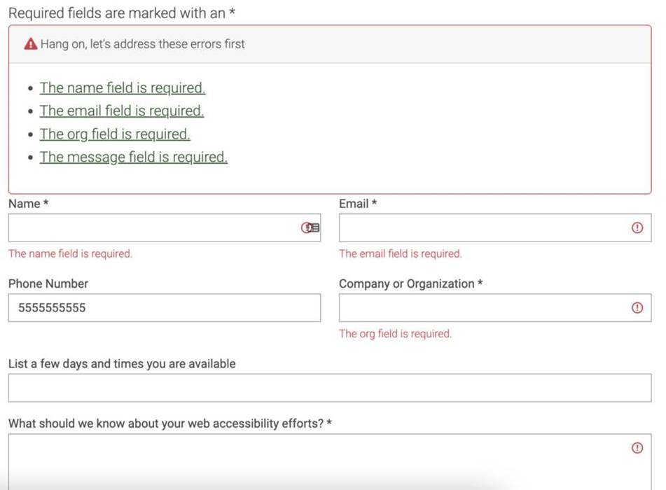 Example of a form with clear and accessible error messages